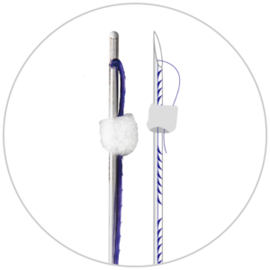 Needle with blue thread and small pad.